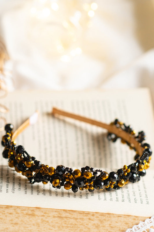 Choko Women's Headband - Black Velvet with Gold Bead Accents
