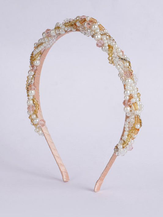 Choko Women's Headband - Ivory Satin with Pearls & Crystal Detail