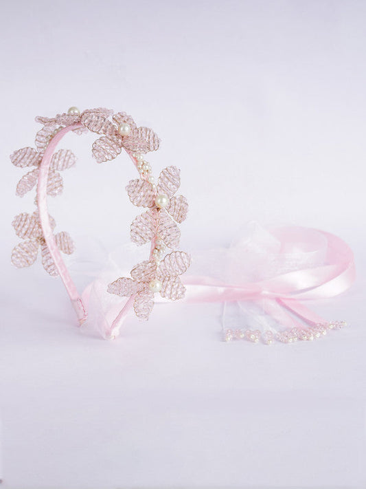 Choko Girl’s Hairband Tie-Down Crown for Girls & Kids – Pink Satin, Crystal Leaves & Pearls Choko