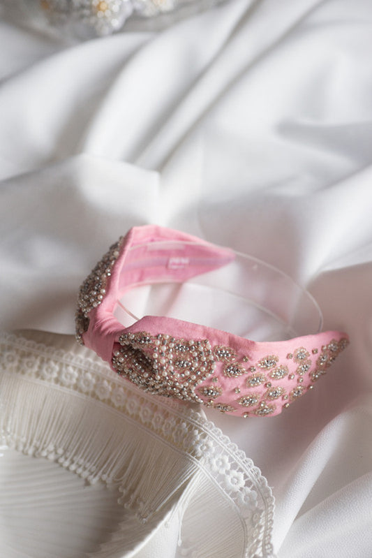 Choko Girls' Headband - Pink Satin with Pearl & Crystal Beadwork