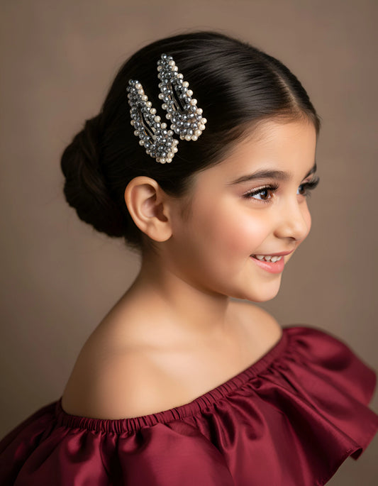 Elegant Silver Beads & Pearl Hair Clips for Girls & Kids - 2-Piece Set - Choko