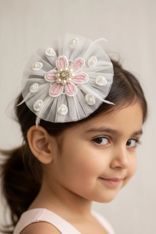 Net Lace Flower Hair Clip for Girls & Kids - White - Choko