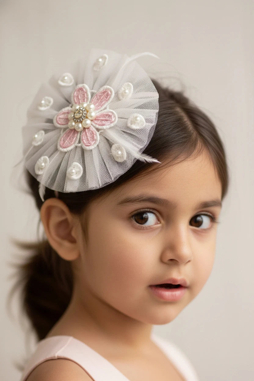Net Lace Flower Hair Clip for Girls & Kids - White - Choko