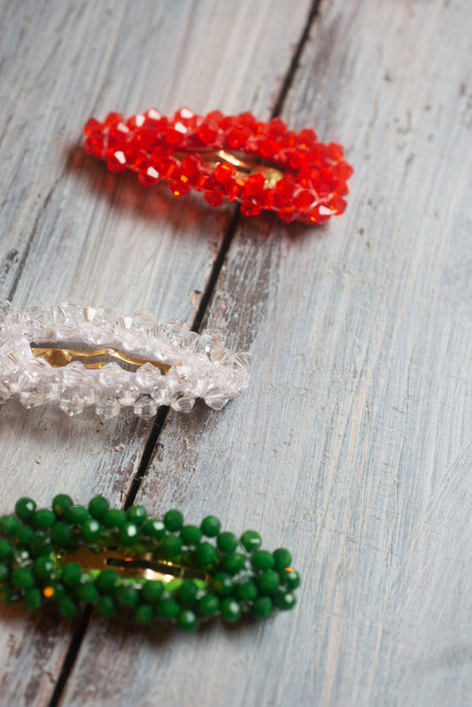 Tri-Color Glitter Beaded Clips (Set of 3) for Girls & Kids - Christmas Palette - Choko