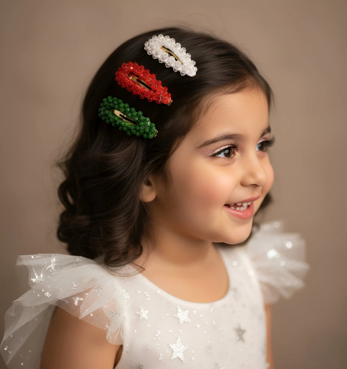 Tri-Color Glitter Beaded Clips (Set of 3) for Girls & Kids - Christmas Palette - Choko