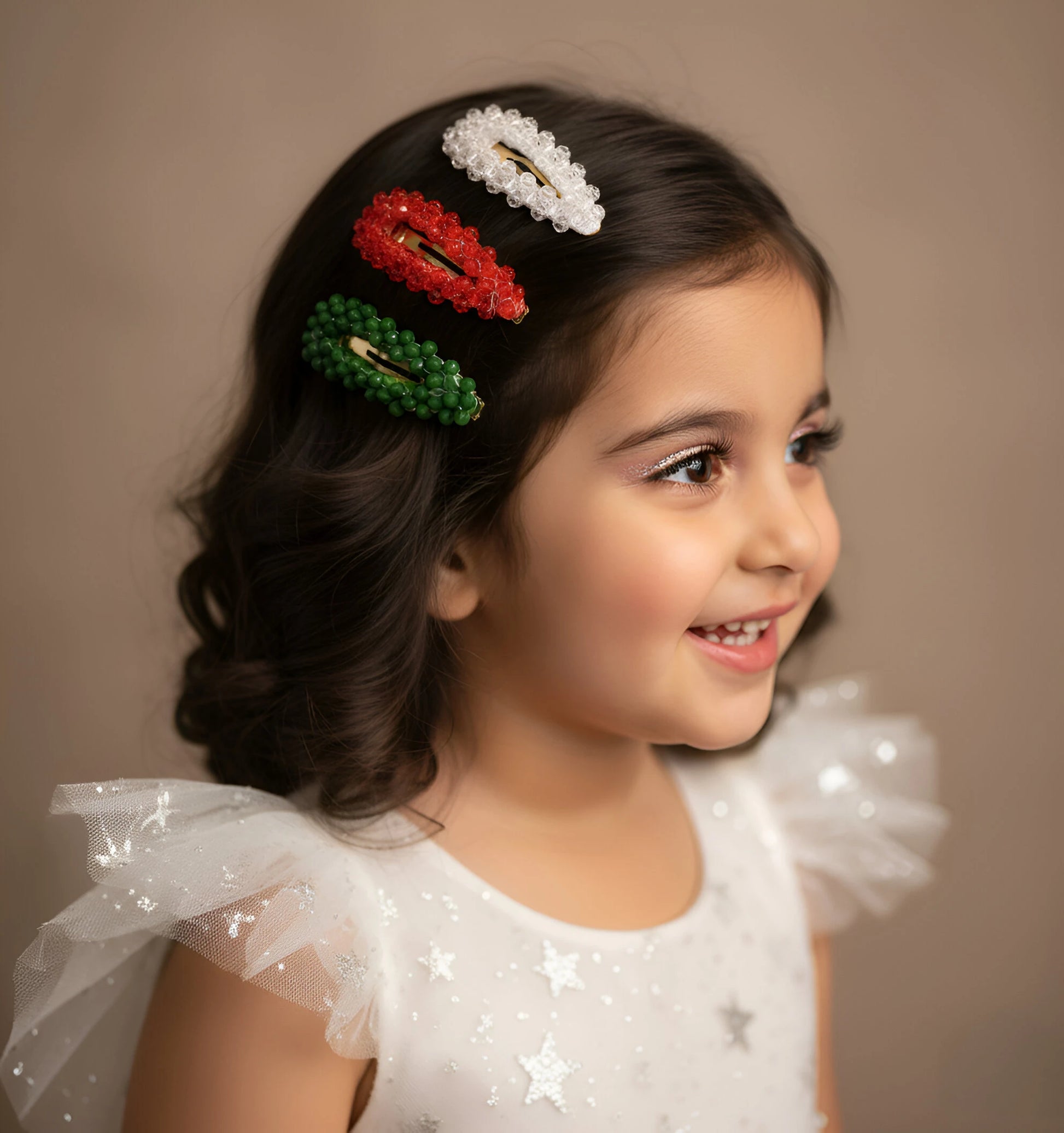 Tri-Color Glitter Beaded Clips (Set of 3) for Girls & Kids - Christmas Palette - Choko