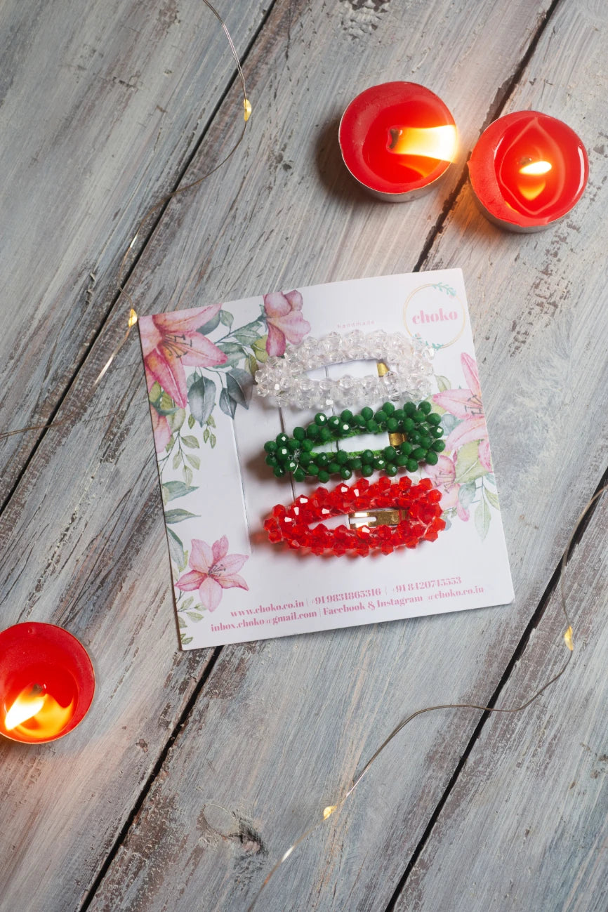 Tri-Color Glitter Beaded Clips (Set of 3) for Girls & Kids - Christmas Palette - Choko