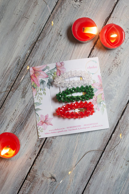 Tri-Color Glitter Beaded Clips (Set of 3) for Girls & Kids - Christmas Palette - Choko