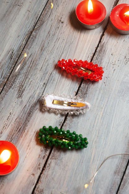 Tri-Color Glitter Beaded Clips (Set of 3) for Girls & Kids - Christmas Palette - Choko