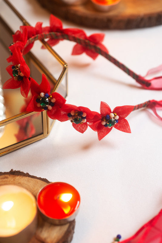 Blooms of Winter Hairband – Scarlet & Floral Tulle Design
