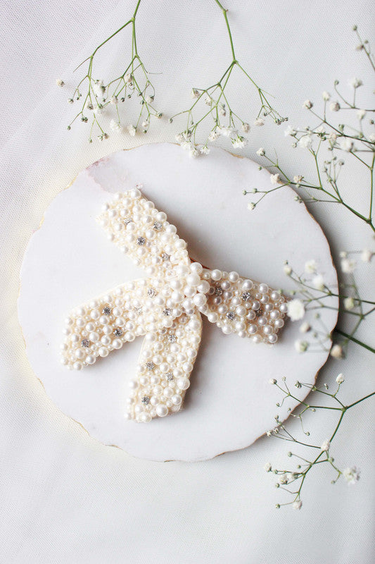 Pearl Embroidered Bow Hair Clip for Girls & Kids - Cream Choko