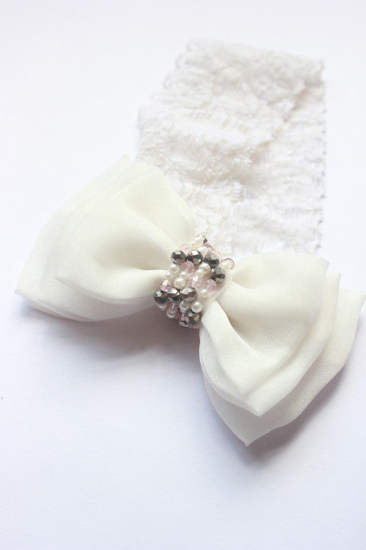 Adjustable Lace Bow Hair Band for Girls & Kids – White Pearls & Crystals Choko