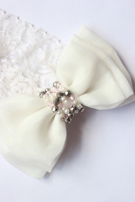 Adjustable Lace Bow Hair Band for Girls & Kids – White Pearls & Crystals Choko