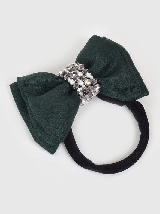 Adjustable Bow Hair Band with Pearls & Silver Crystals for Girls & Kids – Green Choko