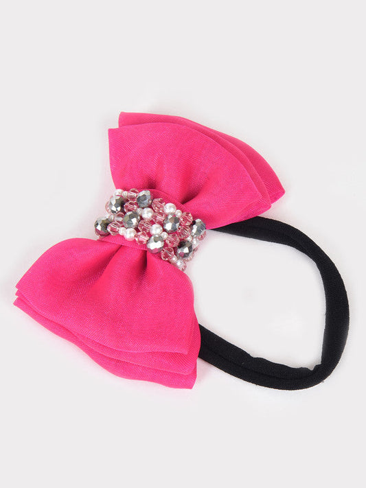 Adjustable Bow Hair Band with Pearls & Silver Crystals for Girls & Kids – Pink Choko
