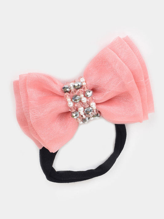 Adjustable Bow Hair Band with Pearls & Silver Crystals for Girls & Kids – Peach Choko