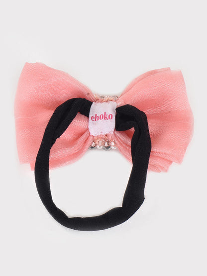 Adjustable Bow Hair Band with Pearls & Silver Crystals for Girls & Kids – Peach Choko
