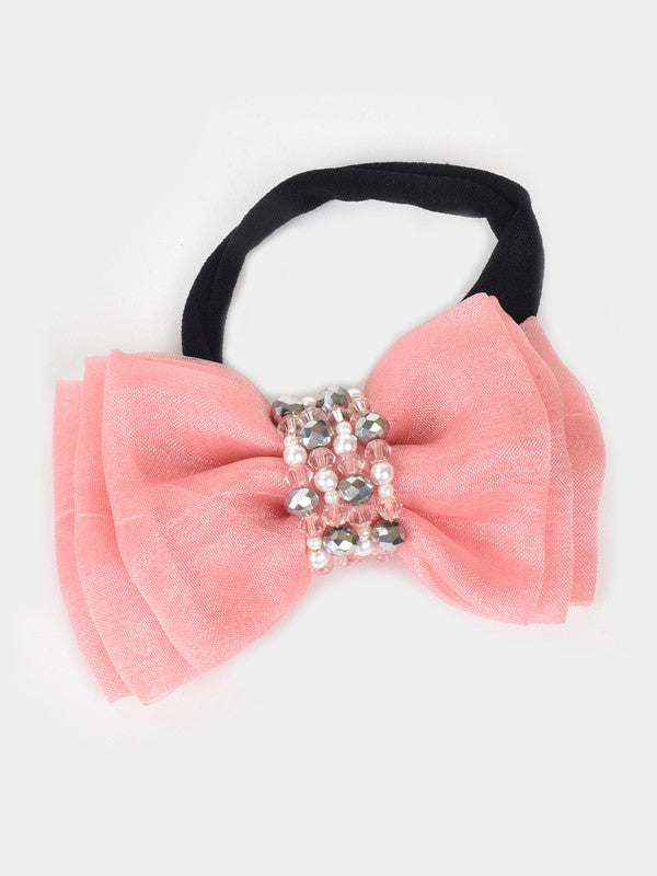 Adjustable Bow Hair Band with Pearls & Silver Crystals for Girls & Kids – Peach Choko