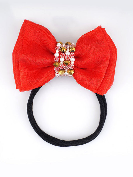 Adjustable Bow Hair Band with Pearls & Silver Crystals for Babies – Red Choko
