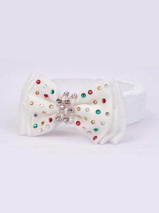 Triple Layered Bow Headband for Babies & Girls – Off White, Crystals & Pearls