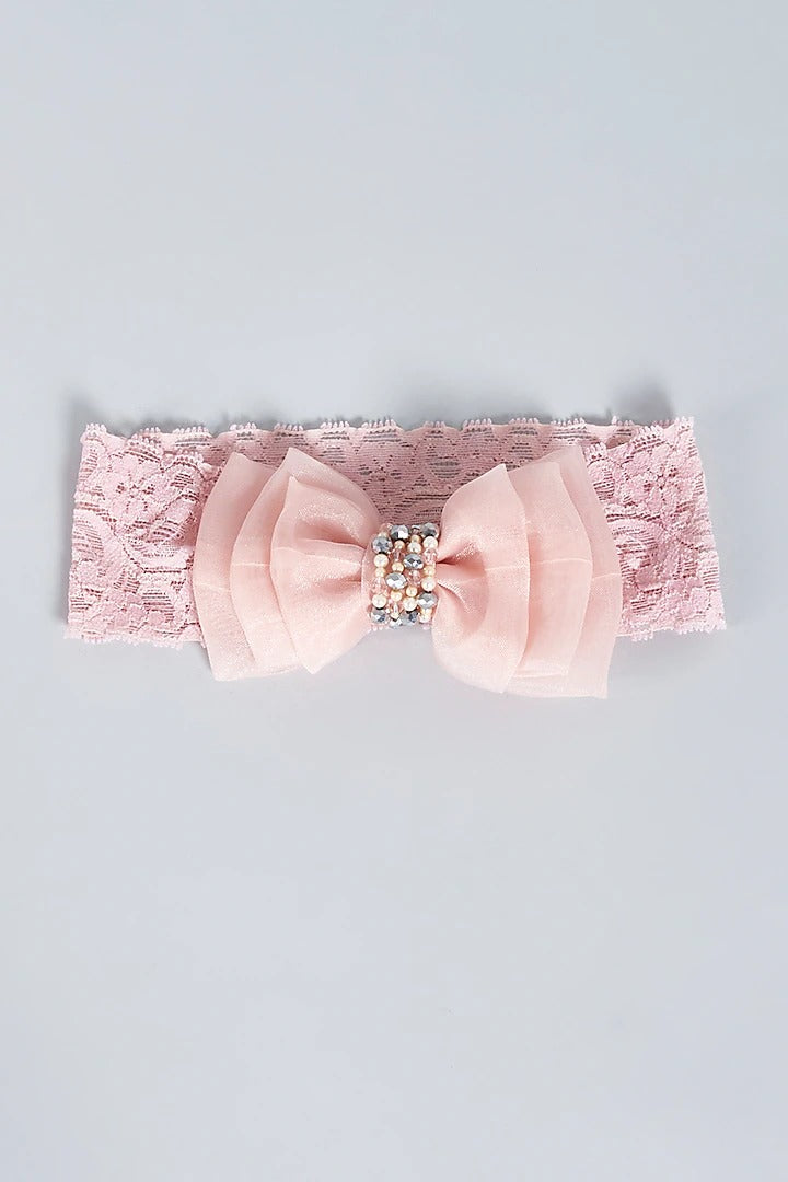 Baby Headband with Adjustable Lace Bow for Babies - Pink Pearls & Crystals - Choko