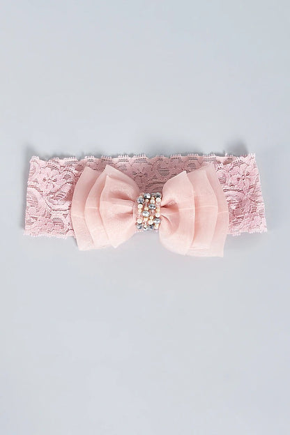 Baby Headband with Adjustable Lace Bow for Babies - Pink Pearls & Crystals - Choko