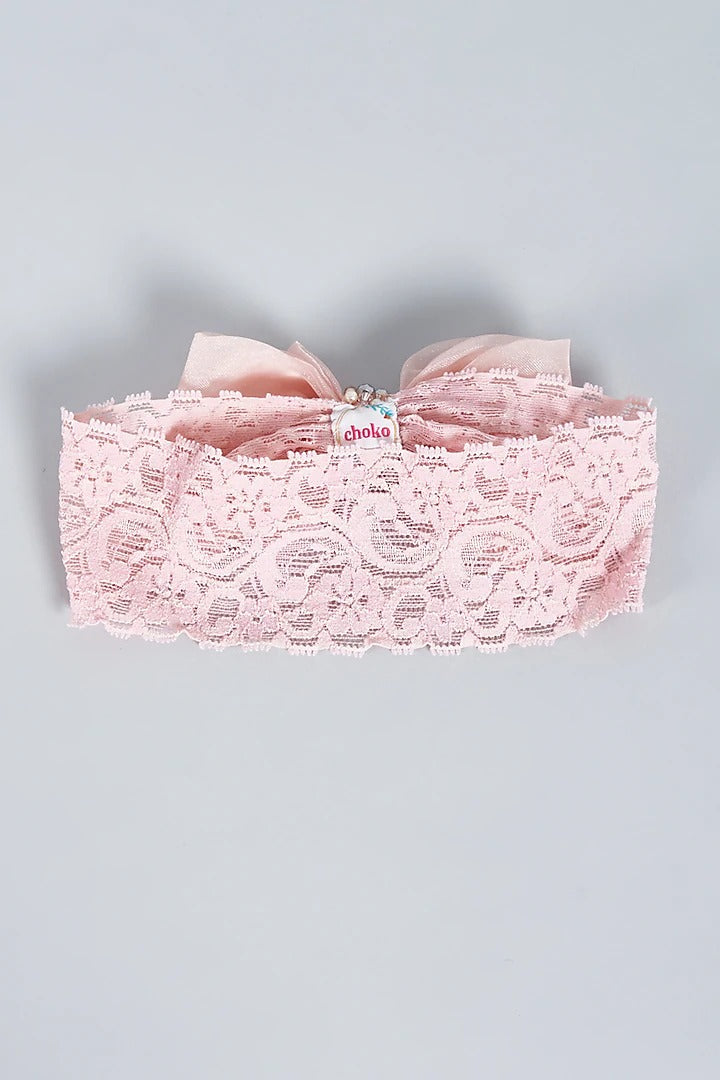 Baby Headband with Adjustable Lace Bow for Babies - Pink Pearls & Crystals - Choko