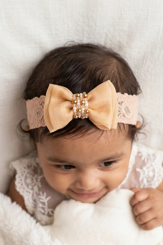 Choko Adjustable Lace Bow Hair Band with Pearls and Silver Crystals for Baby Girls — White - Choko