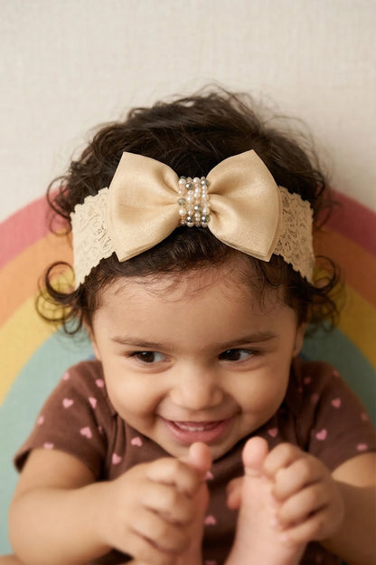 Choko Adjustable Lace Bow Hair Band with Pearls and Silver Crystals for Baby Girls — White - Choko