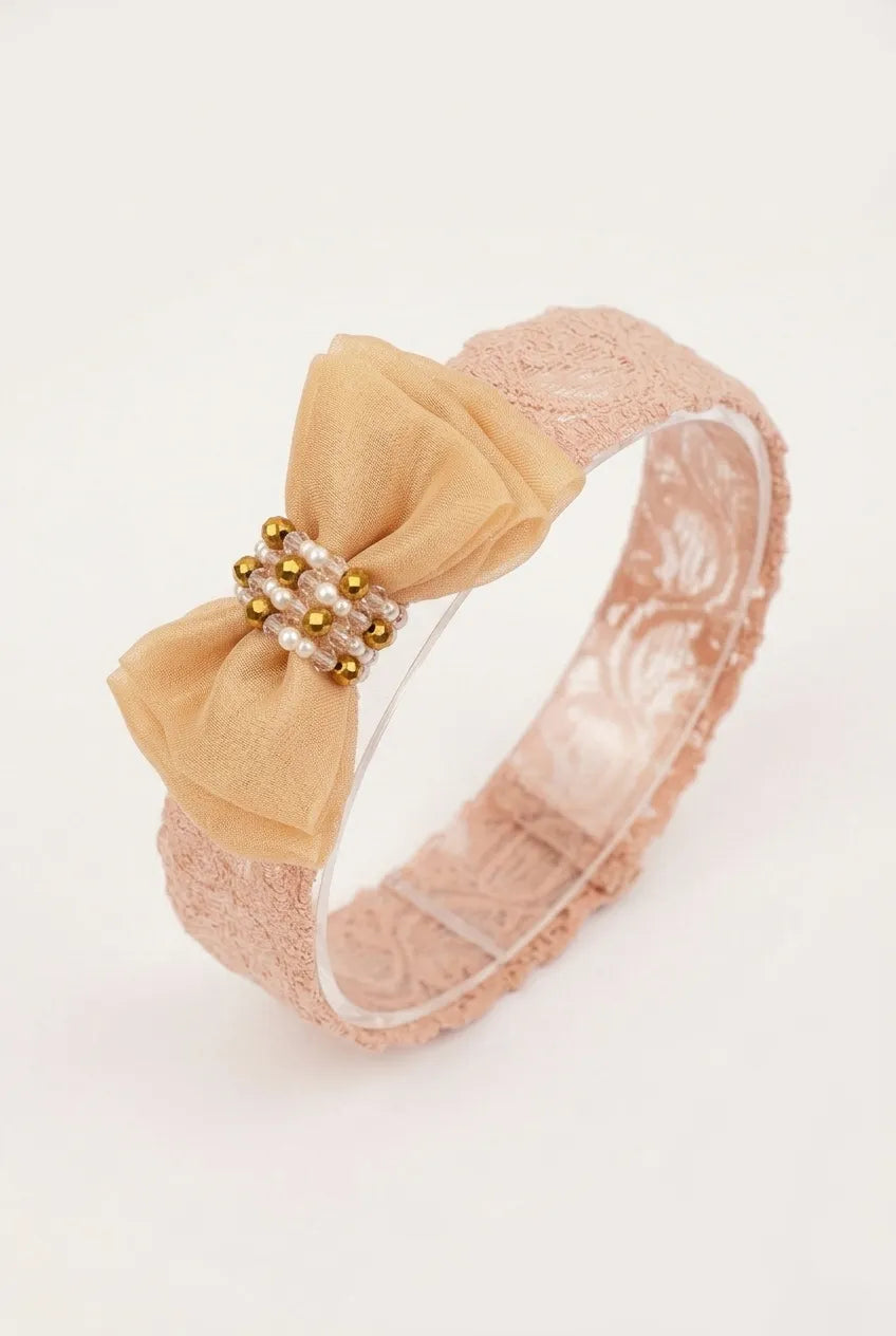 Choko Adjustable Lace Bow Hair Band with Pearls and Silver Crystals for Baby Girls — White - Choko