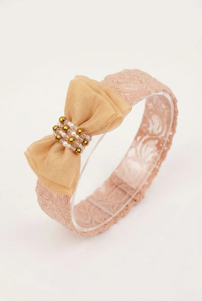 Choko Adjustable Lace Bow Hair Band with Pearls and Silver Crystals for Baby Girls — White - Choko
