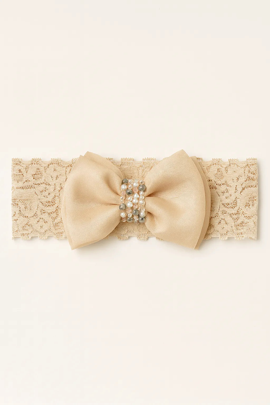 Choko Adjustable Lace Bow Hair Band with Pearls and Silver Crystals for Baby Girls — White - Choko