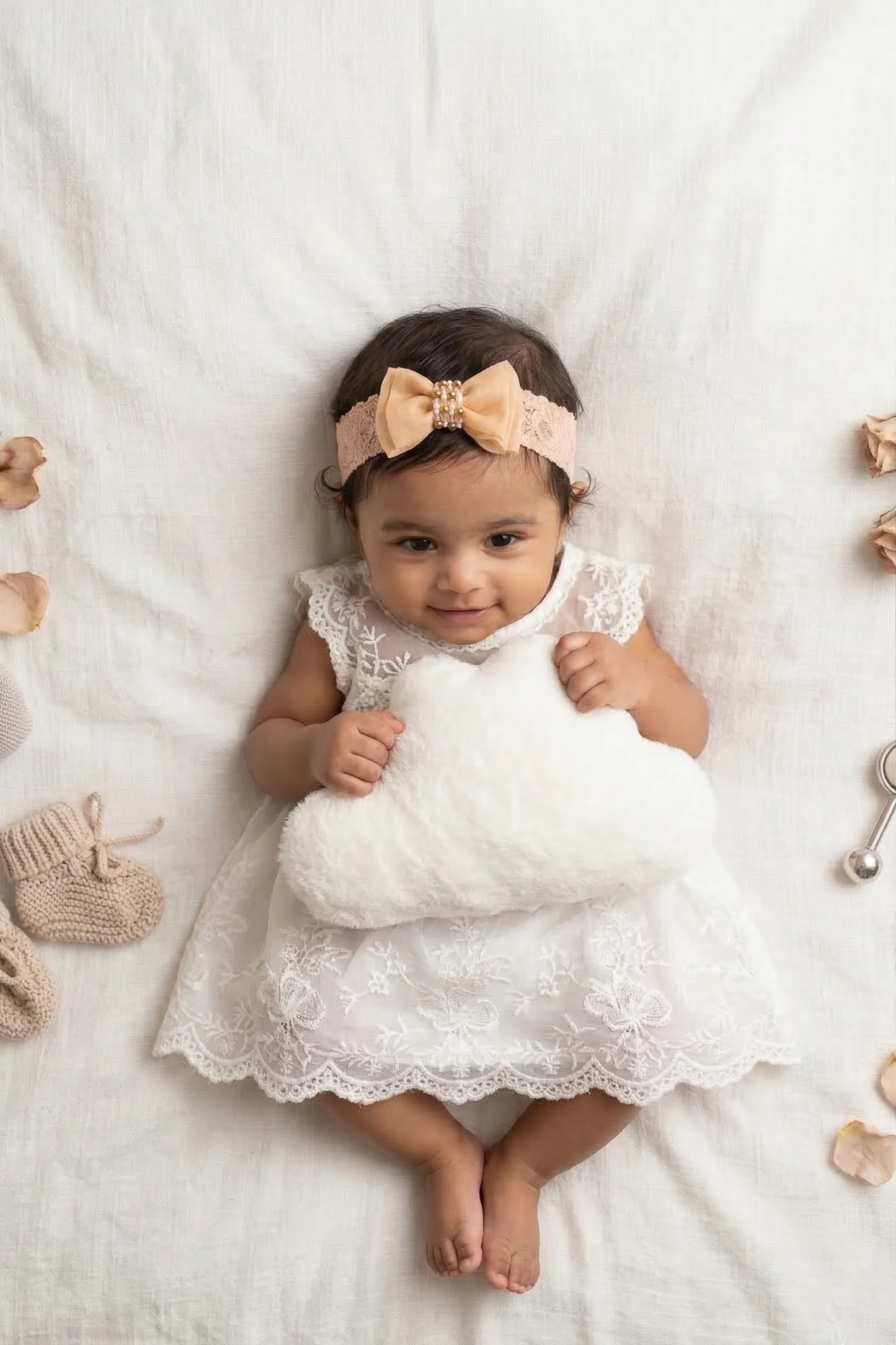 Choko Adjustable Lace Bow Hair Band with Pearls and Silver Crystals for Baby Girls — White - Choko