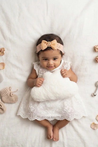 Choko Adjustable Lace Bow Hair Band with Pearls and Silver Crystals for Baby Girls — White - Choko