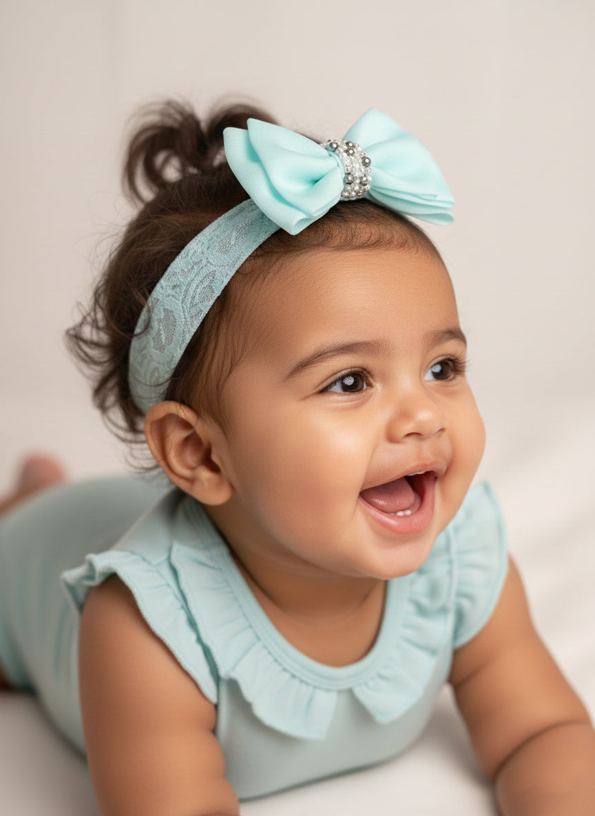 Adjustable Lace Bow Hair Band for Girls & Kids - Baby Blue - Choko