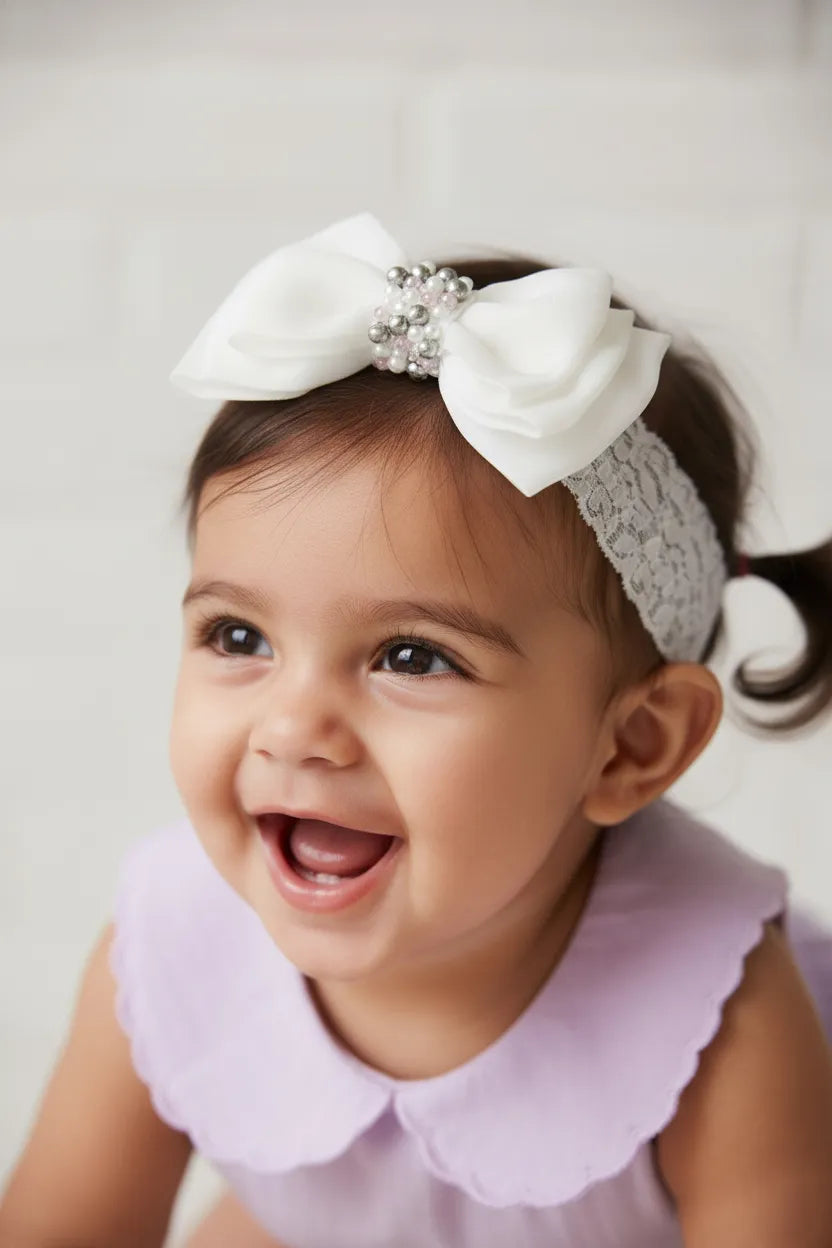 Choko Adjustable Lace Bow Hair Band for Girls & Kids - White Pearls & Crystals - Choko