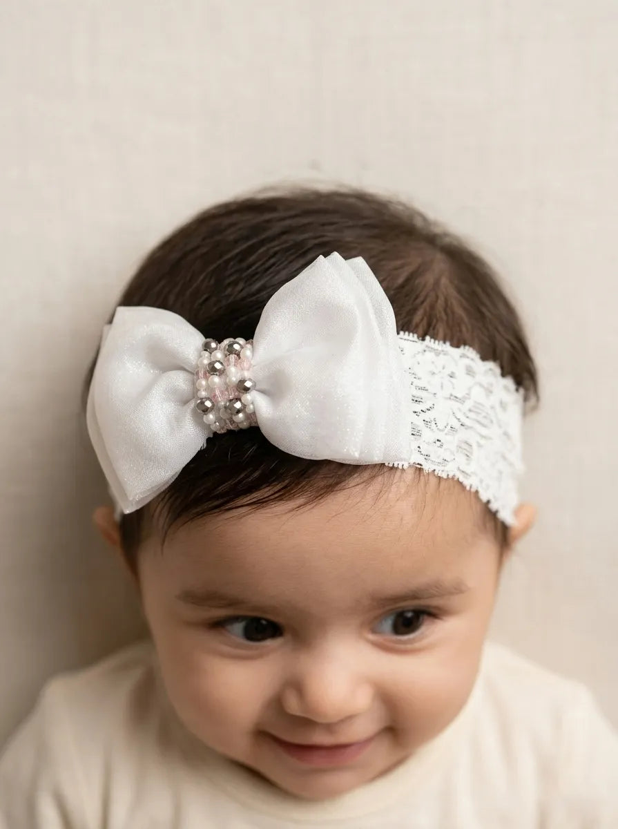 Choko Adjustable Lace Bow Hair Band for Girls & Kids - White Pearls & Crystals - Choko