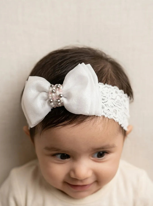 Choko Adjustable Lace Bow Hair Band for Girls & Kids - White Pearls & Crystals - Choko