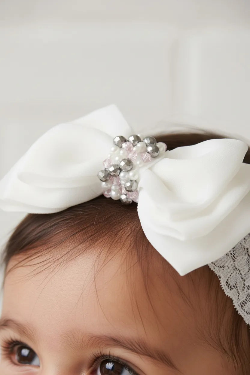 Choko Adjustable Lace Bow Hair Band for Girls & Kids - White Pearls & Crystals - Choko