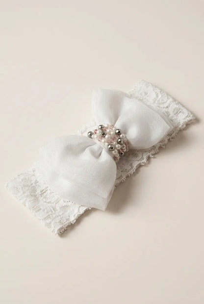 Choko Adjustable Lace Bow Hair Band for Girls & Kids - White Pearls & Crystals - Choko