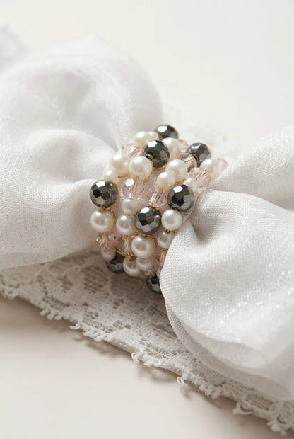 Choko Adjustable Lace Bow Hair Band for Girls & Kids - White Pearls & Crystals - Choko