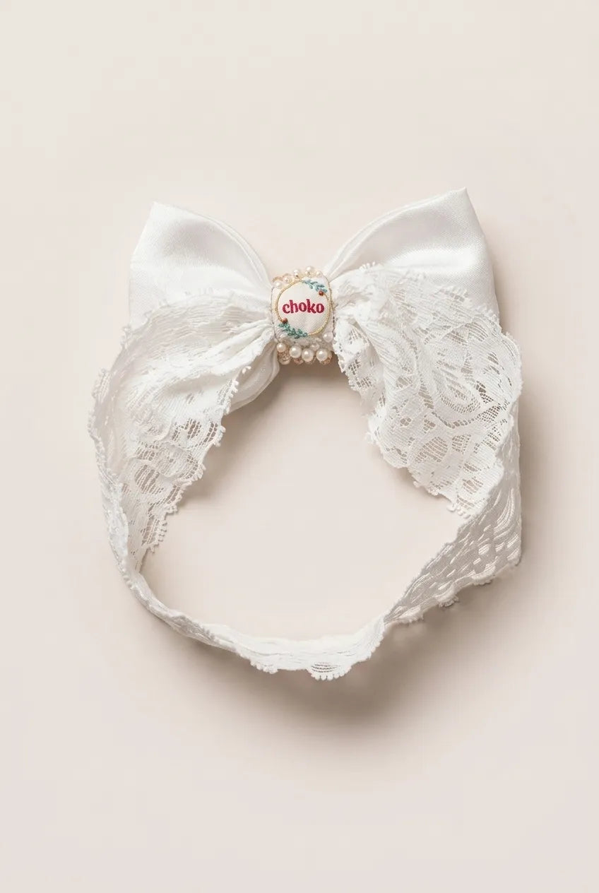 Choko Adjustable Lace Bow Hair Band for Girls & Kids - White Pearls & Crystals - Choko