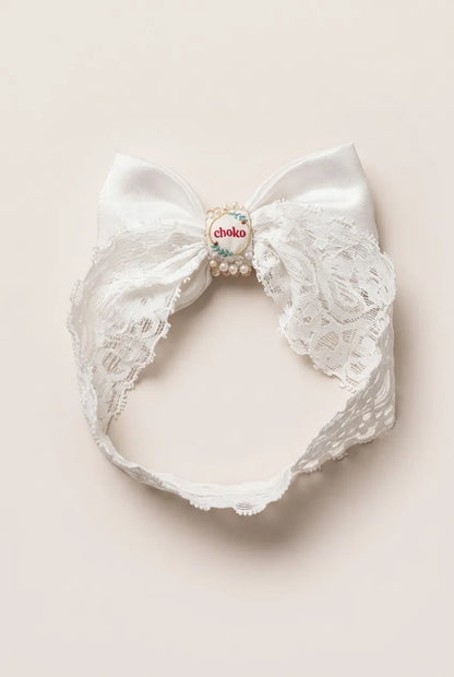 Choko Adjustable Lace Bow Hair Band for Girls & Kids - White Pearls & Crystals - Choko
