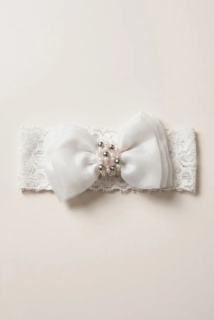 Choko Adjustable Lace Bow Hair Band for Girls & Kids - White Pearls & Crystals - Choko