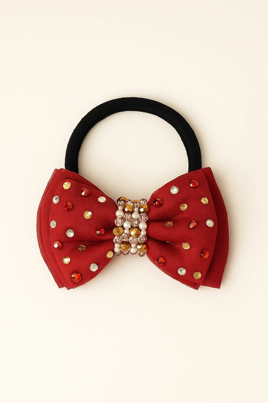 Choko Adjustable Bow Hair Band with Pearls and Silver Crystals for Baby Girls — Red - Choko
