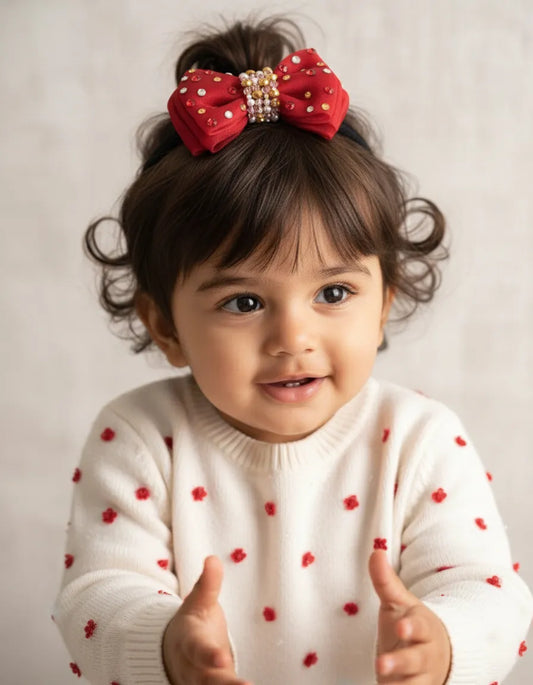 Choko Adjustable Bow Hair Band with Pearls and Silver Crystals for Baby Girls — Red - Choko