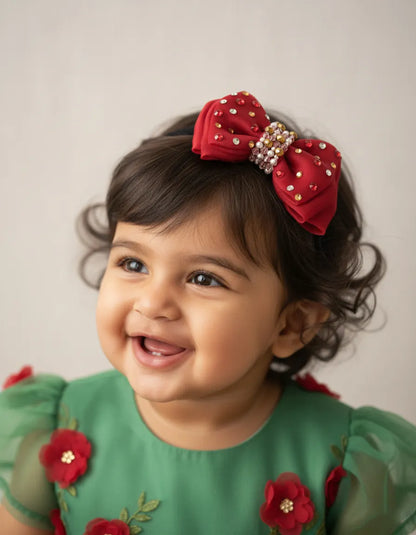 Choko Adjustable Bow Hair Band with Pearls and Silver Crystals for Baby Girls — Red - Choko