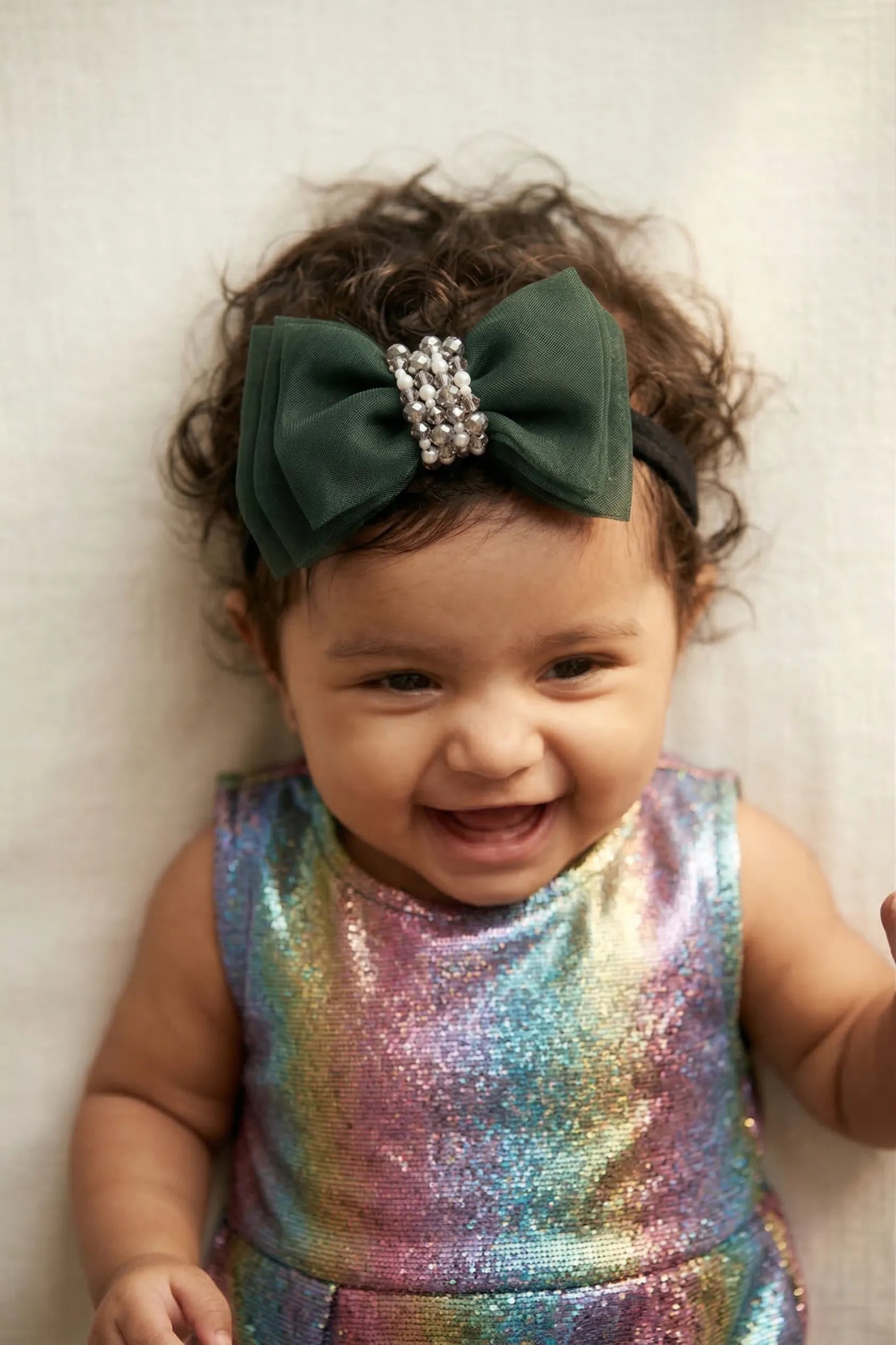 Adjustable Bow Hair Band with Pearls & Silver Crystals for Girls & Kids - Green - Choko