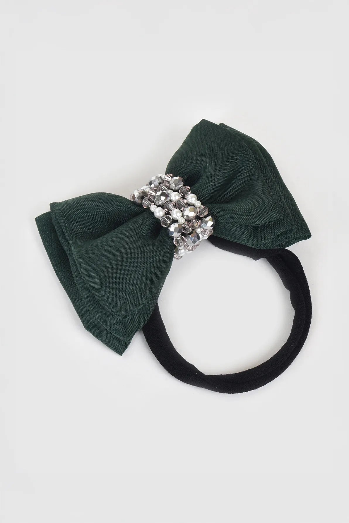 Adjustable Bow Hair Band with Pearls & Silver Crystals for Girls & Kids - Green - Choko