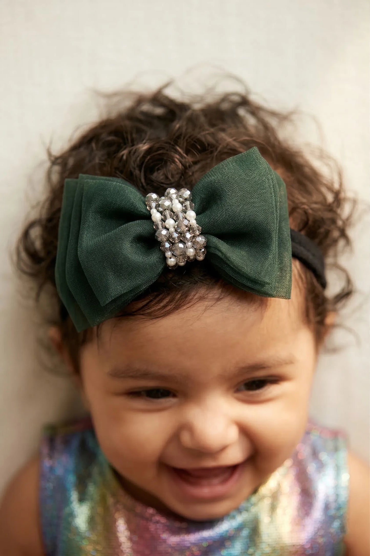 Adjustable Bow Hair Band with Pearls & Silver Crystals for Girls & Kids - Green - Choko